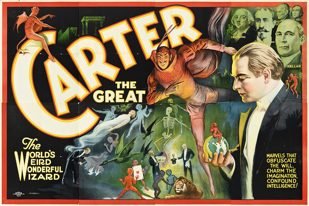 illustrational poster of a suited man holding a crystal ball that resembles Earth