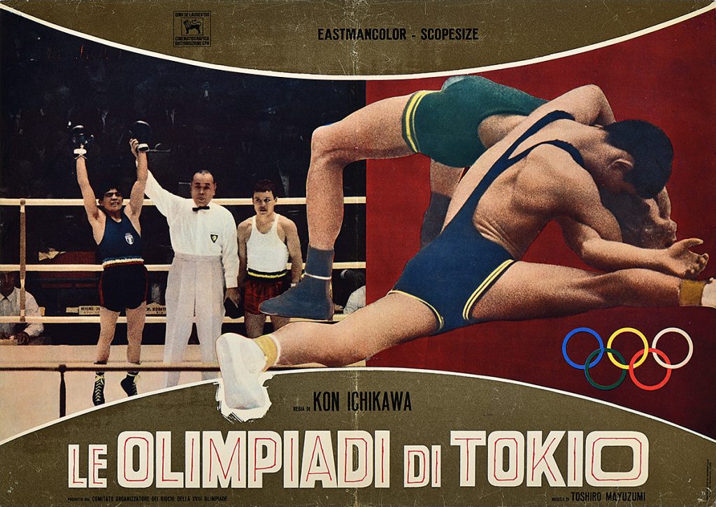 photomontage poster of two men wrestling beside the image of a man winning a boxing match against another boxer
