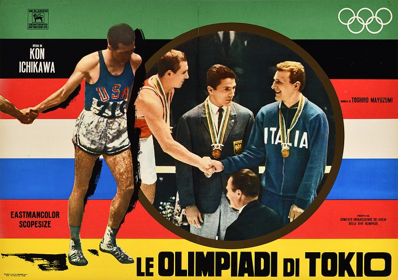 photomontage poster of an athlete standing beside the image of two olympic champions shaking hands