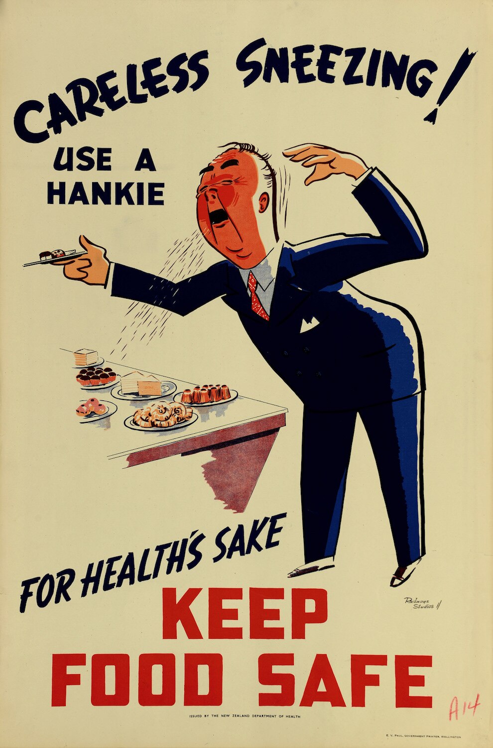 illustrational poster of a man sneezing over a table and onto plates of food