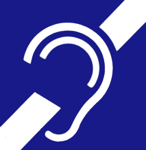 Deafness and hard of hearing symbol. An image of an ear with a line through it, on a blue background.