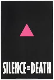 type-based poster with the white text silence=death and a pink triangle on a black background