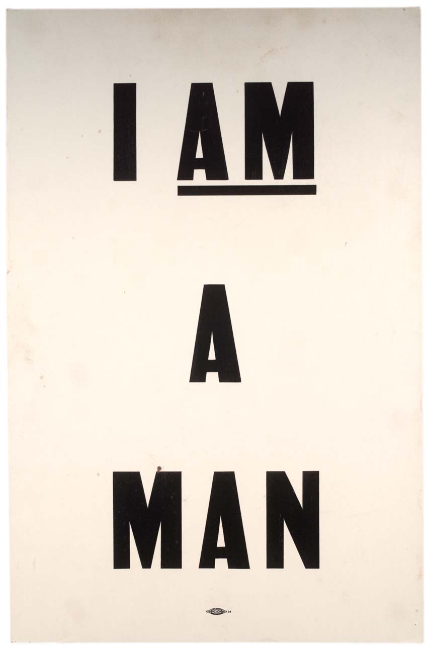 type-based poster with the text I AM A MAN on a white background