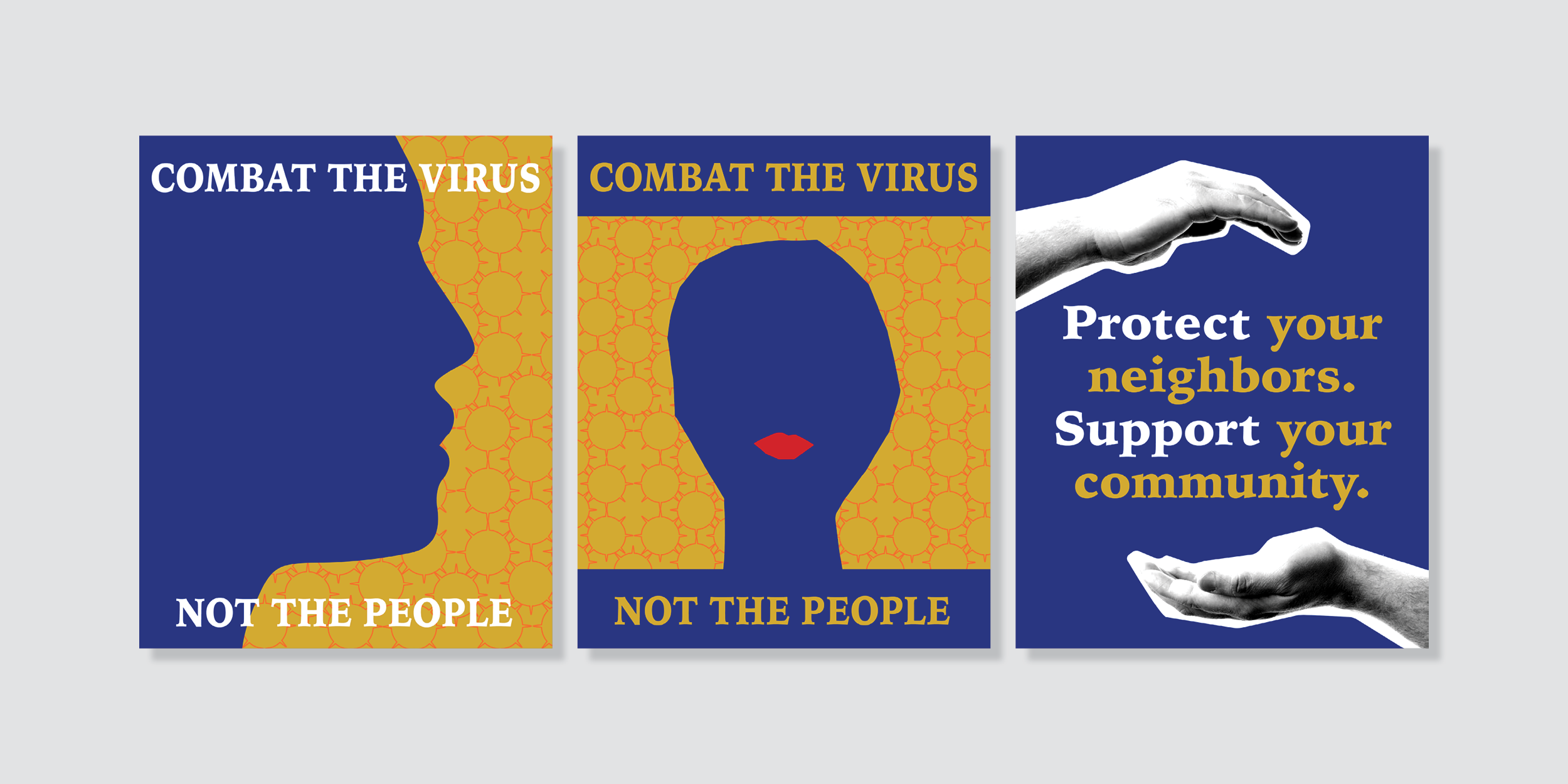 three graphic PSA posters on combating Covid placed side by side