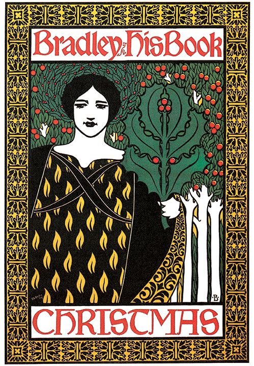 illustration poster of a woman holding a giant mistletoe leaf in one hand surrounded by a highly decorative border