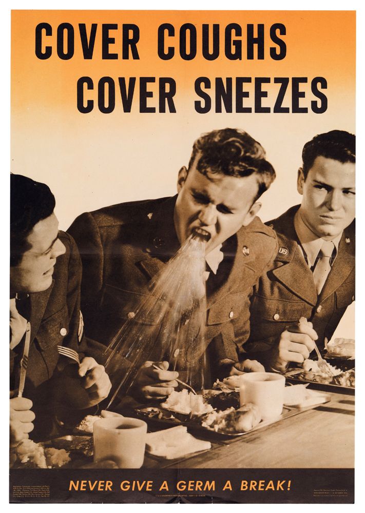 A photomontage poster of a soldier coughing on the food of his comrades.