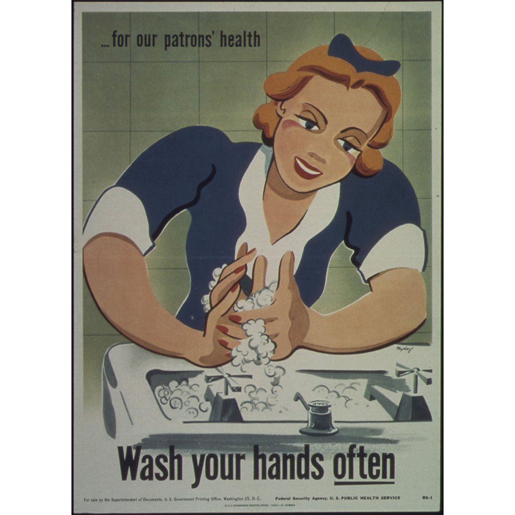 illustrational poster of a woman washing her hands over a sink
