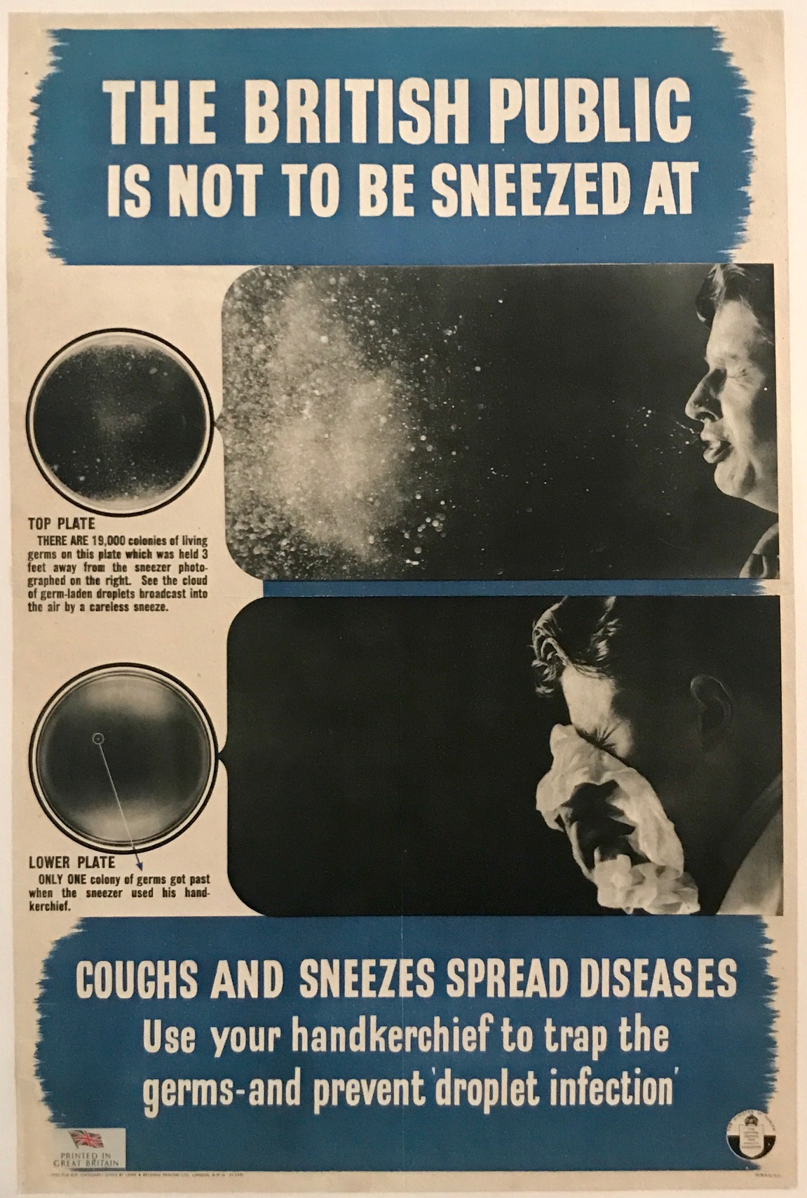 photomontage poster of a man first sneezing into the air and then a handkerchief
