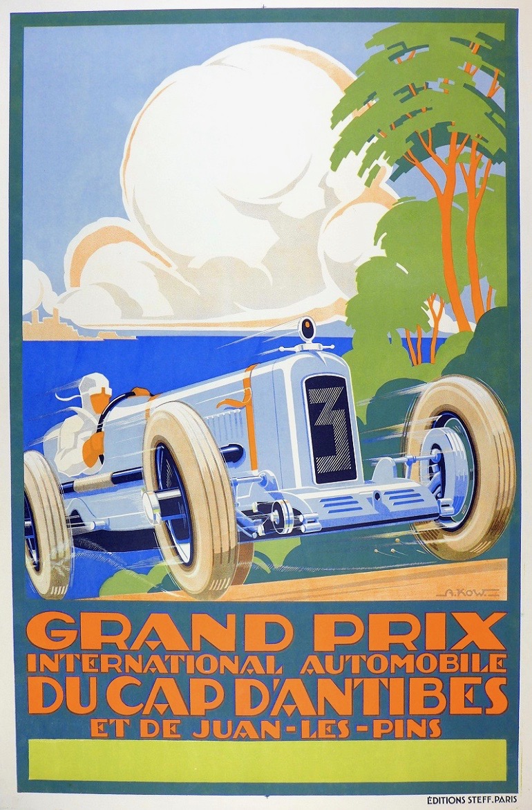 An illustrational poster of a man driving a classic car up a hill.