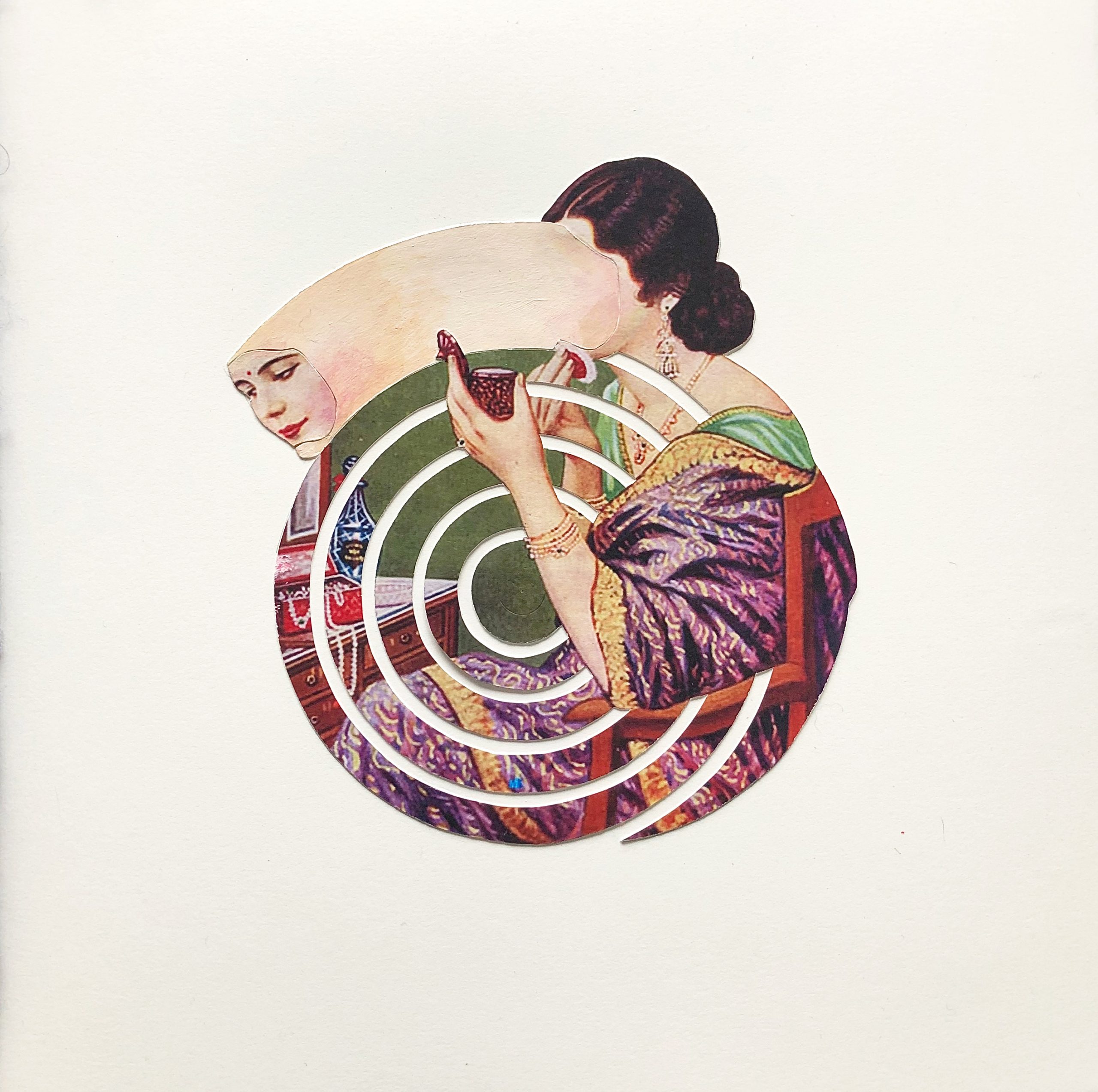 distorted illustration of an Indian woman applying makeup with a handheld mirror
