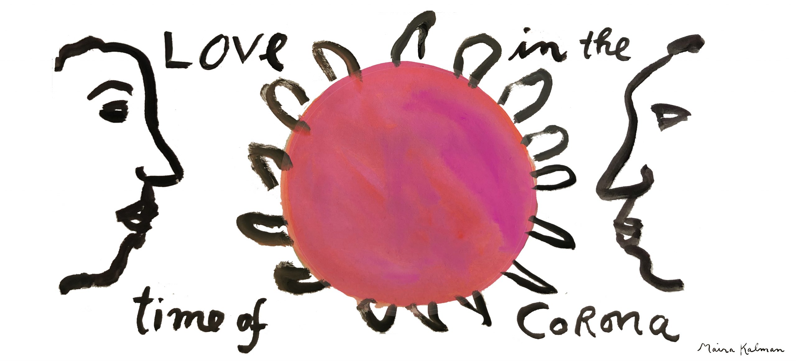 An illustrative poster of two people facing coronavirus with the words love in the time of corona.
