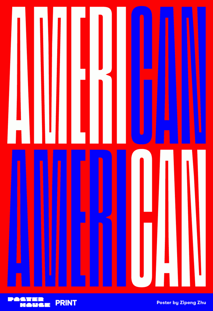 type-based poster of the word American in two versions of white and blue against a red background