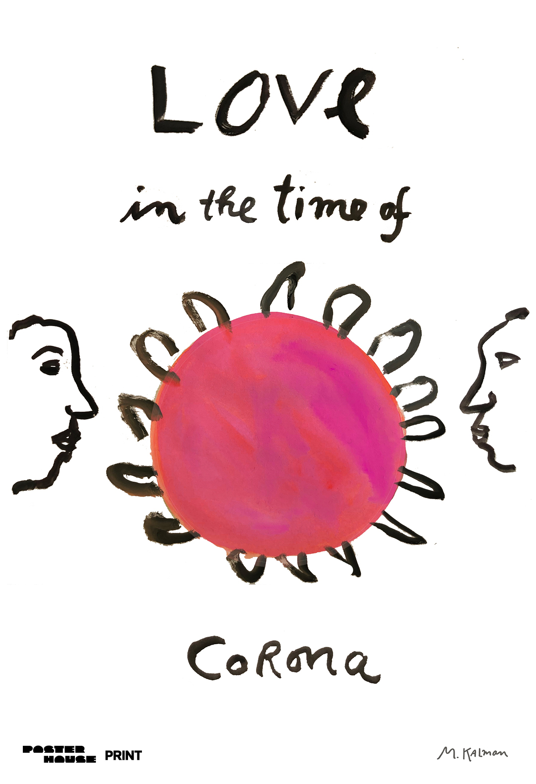 An illustrative poster of two people facing coronavirus with the words, love in the time of corona.