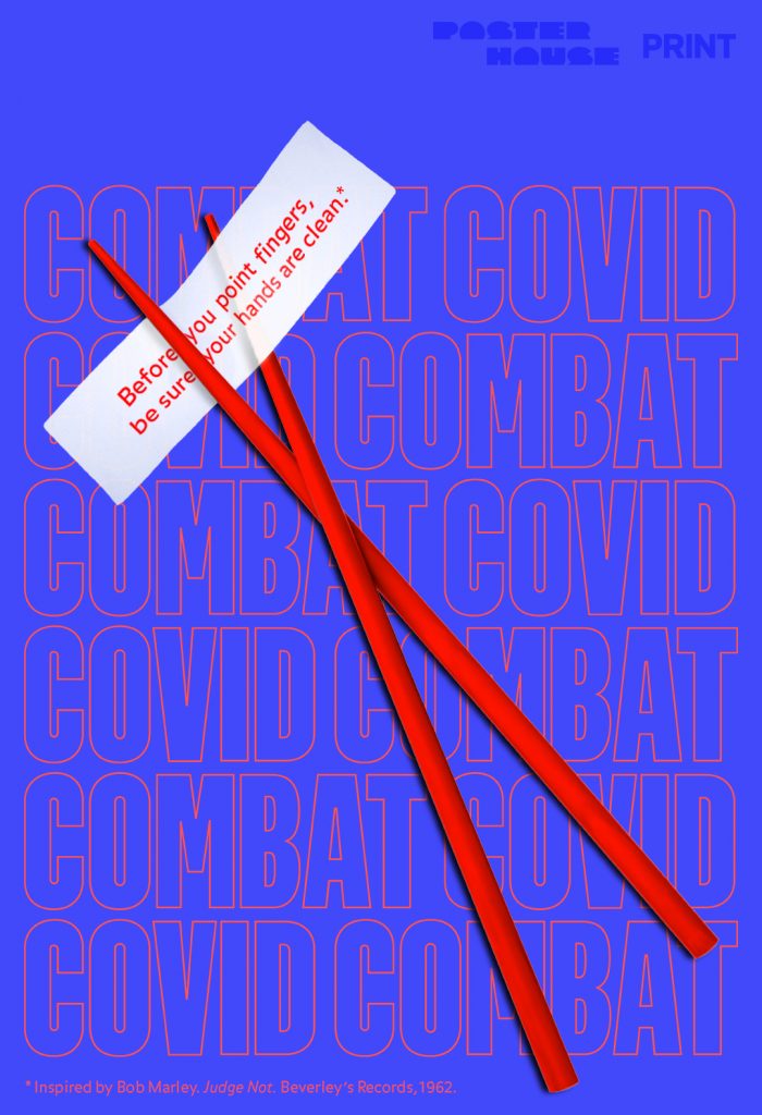 illustrative poster of a pair of red chopsticks on a blue background holding a note that says before you point fingers be sure your hands are clean