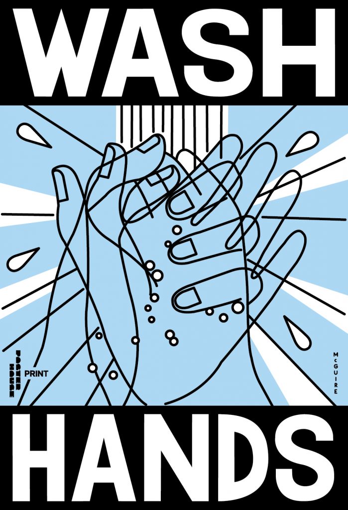 illustrative poster and outline of hands been washed under running water with the title wash hands