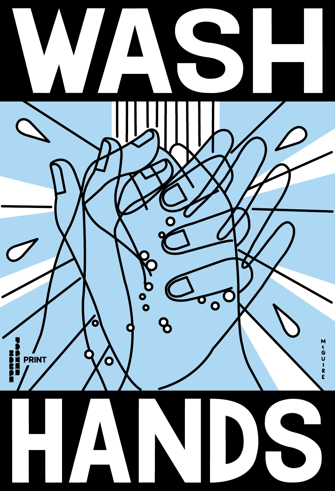 An illustrative poster of washing hands under running water.