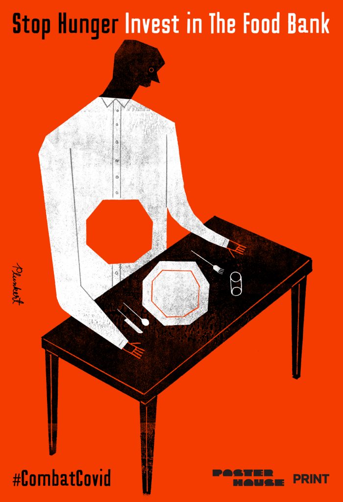 A red PSA poster of a figure sitting at a table with an empty plate and a hole in their stomach.