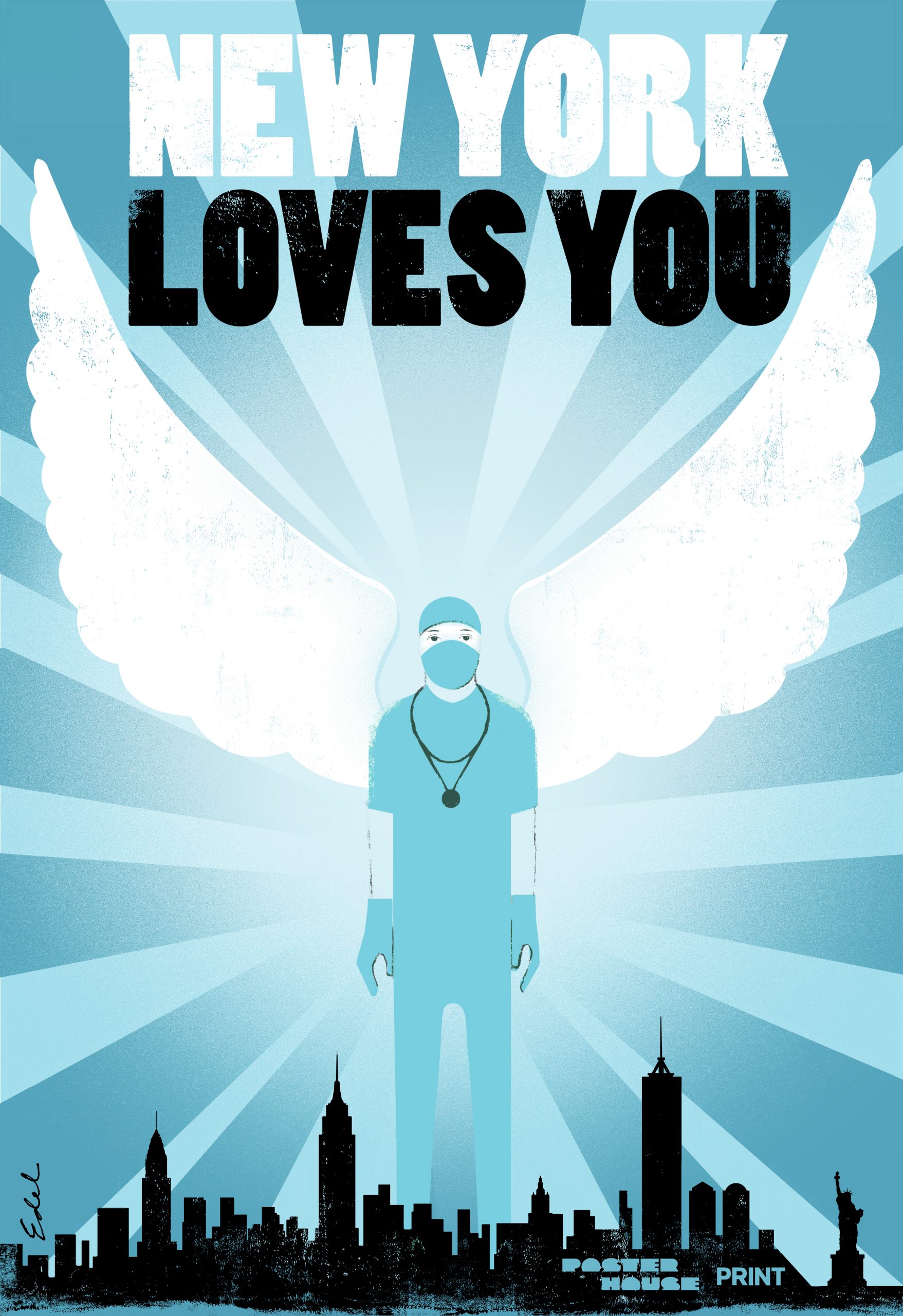 An illustrative poster of a nurse with wings rising behind the NYC skyline.