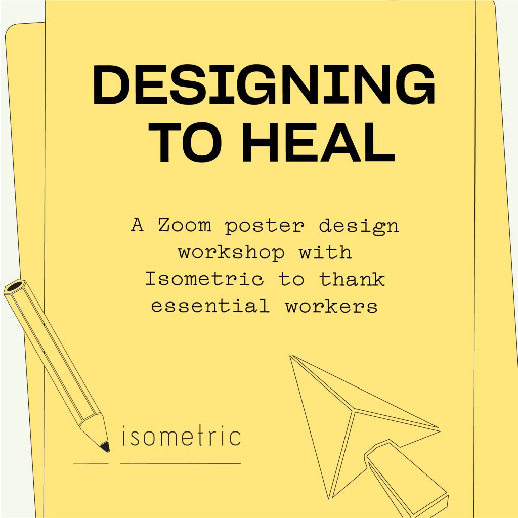 A yellow text graphic promoting a Designing to Heal online workshop featuring a 3D cursor.