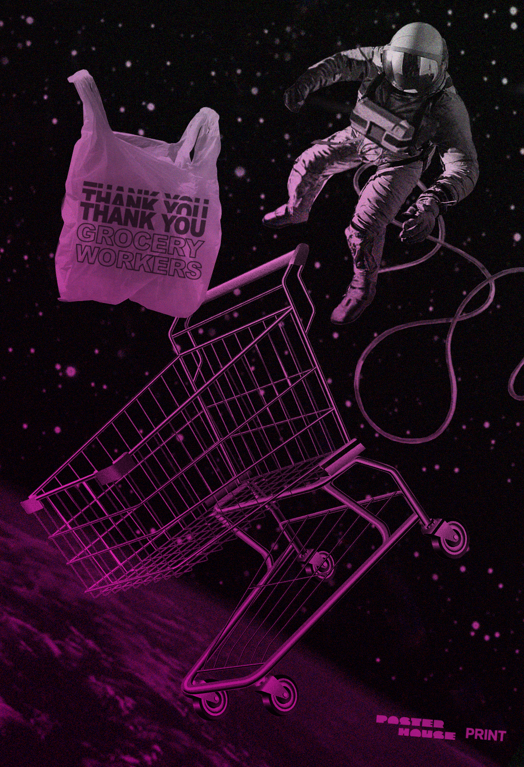 A photomontage poster of a shopping cart, shopping bag, and astronaut floating in space.