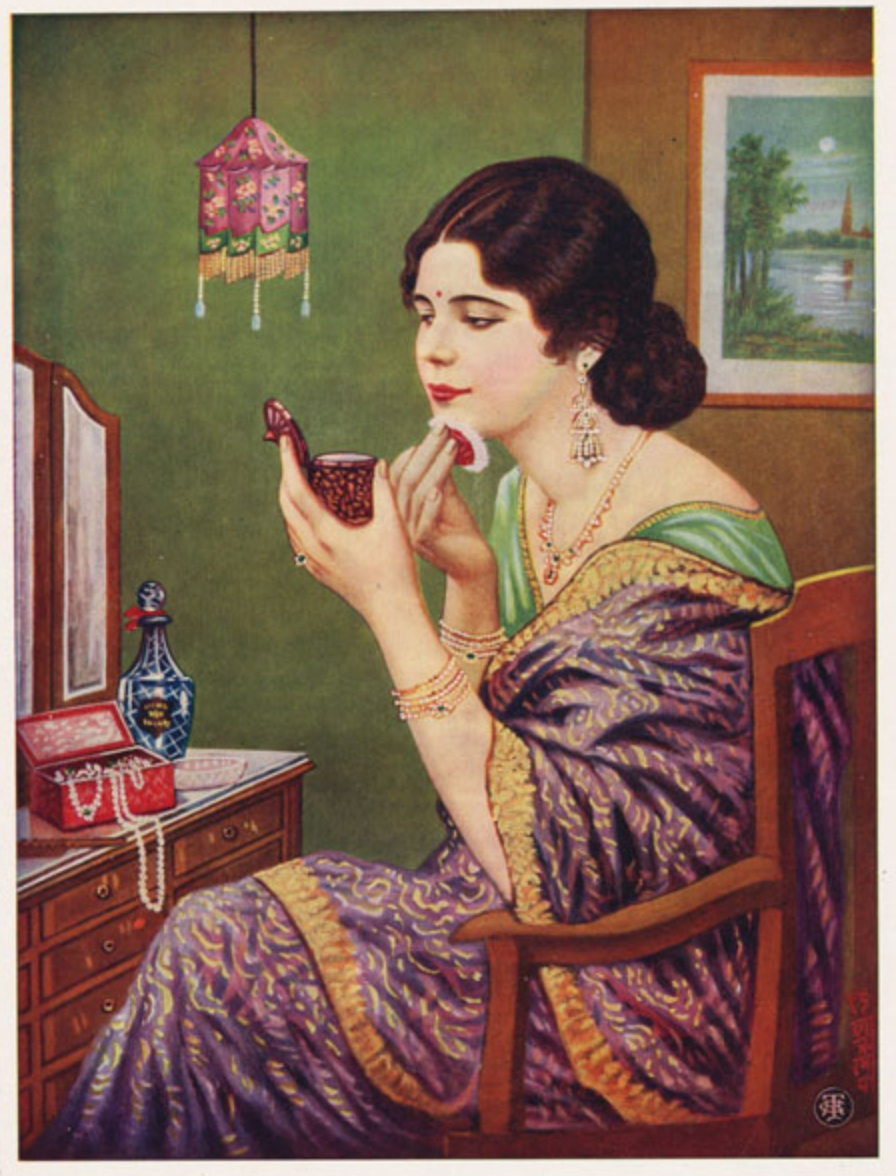 illustration of an Indian woman applying makeup with a handheld mirror at a vanity