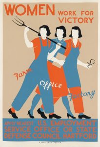 A poster of 3 women in different occupations wearing red and blue uniforms and the text, women work for victory.