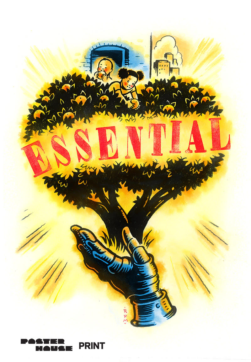 An illustrative PSA poster featuring an armored hand holding up an orange tree.