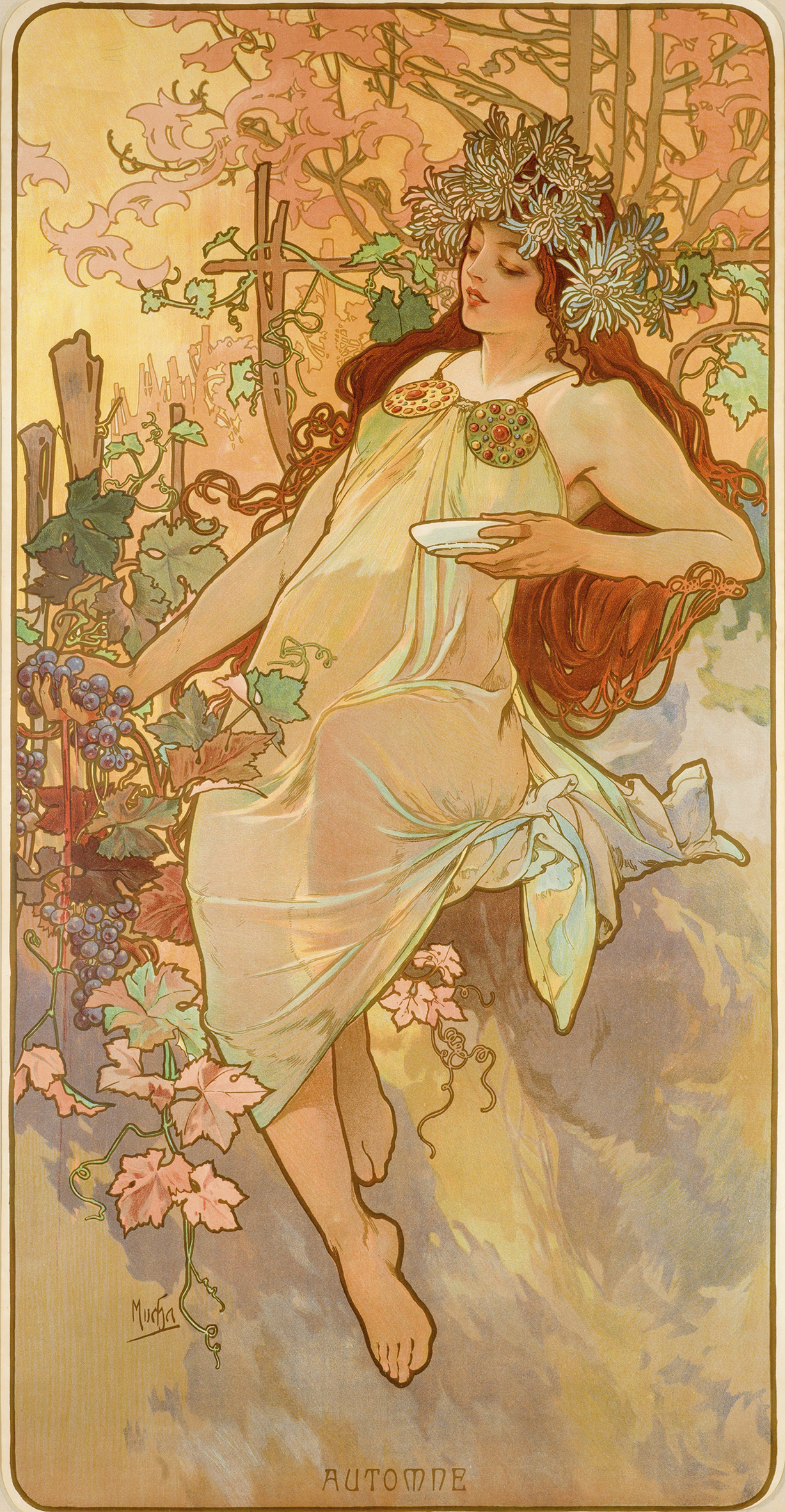 illustrational poster of a woman holding a dish sitting amongst flowers