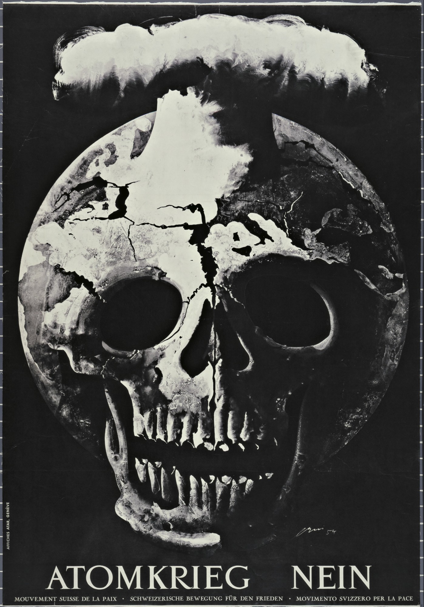 A black and white poster of a burst skull blowing out gas.