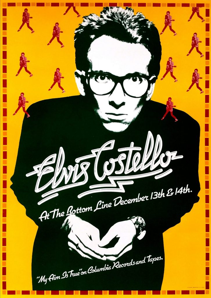 Photomontage and poster of Elvis Costello leaning to look into the camera against an orange background