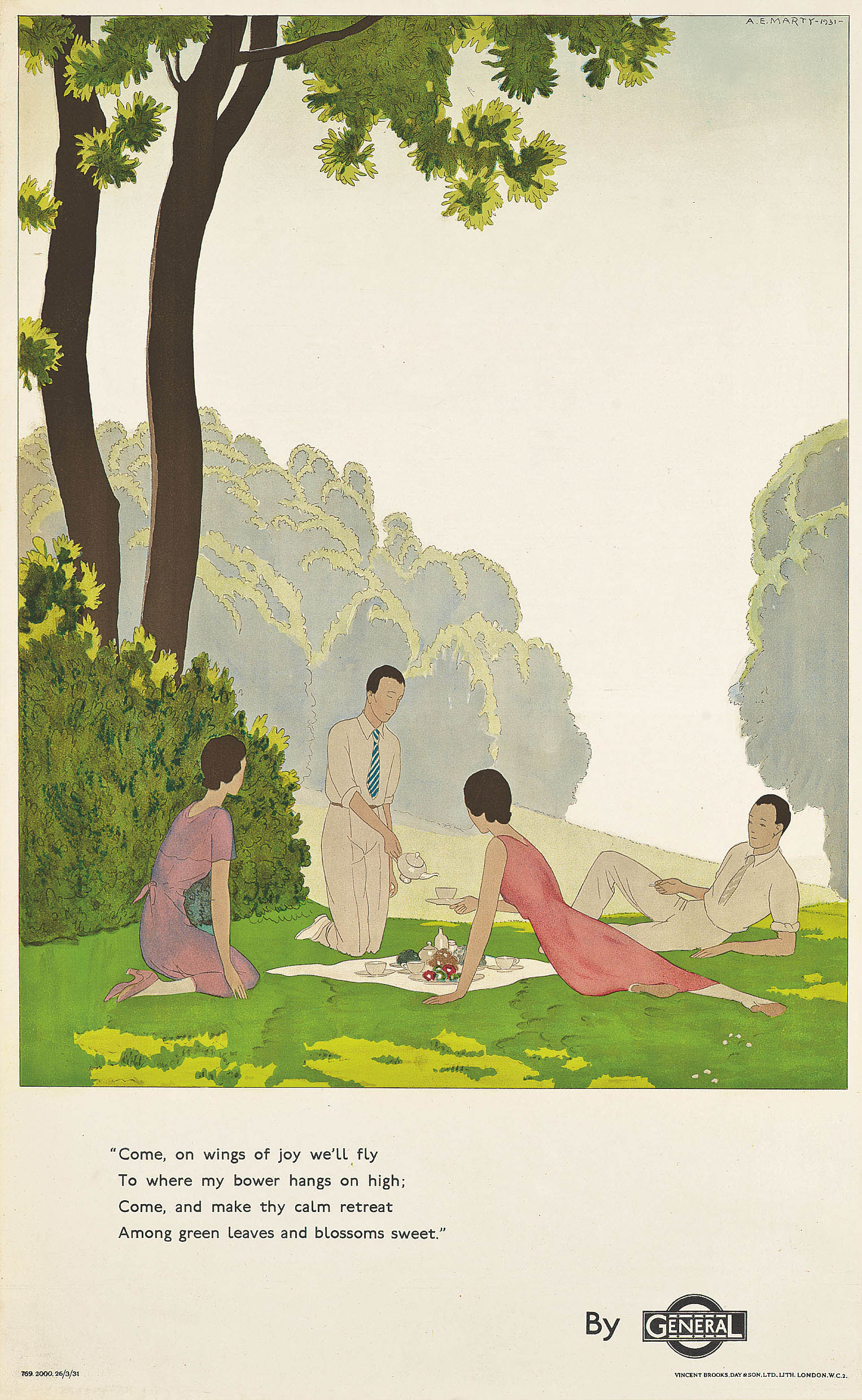 illustrational poster of friends having a picnic in the lush outdoors