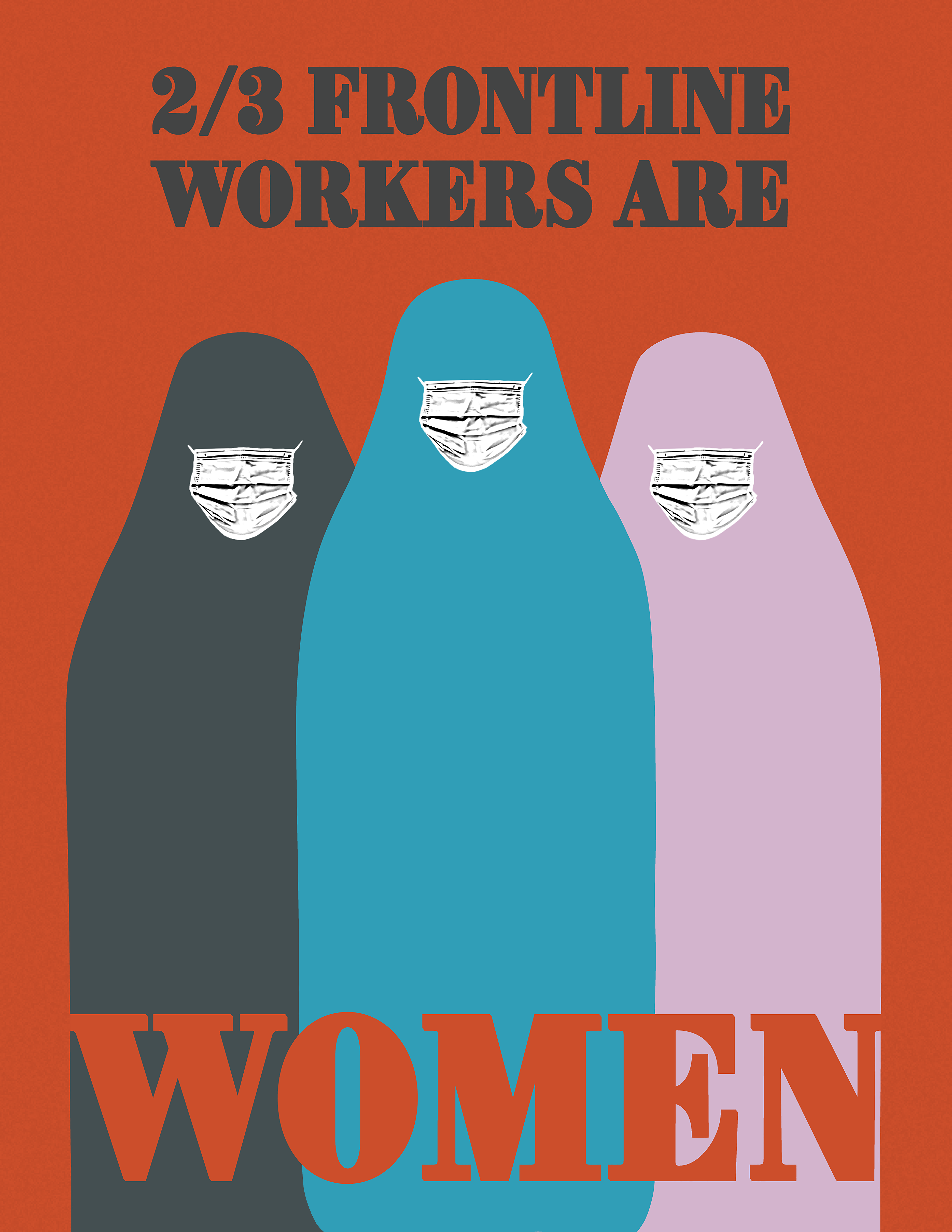 illustrative PSA poster of three colored figures with the text two thirds of frontline workers are women
