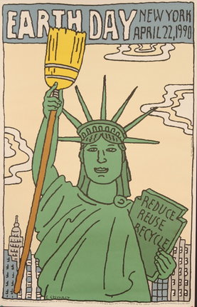 illustrational poster of the statue of liberty holding up a broom