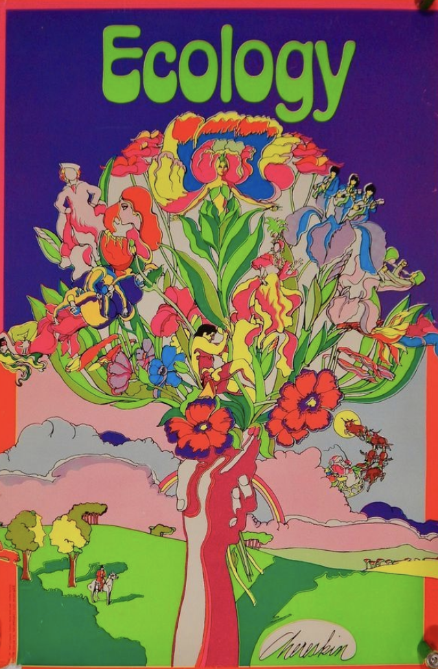 illustrational poster of a hand holding a bouquet of colorful flowers containing figures