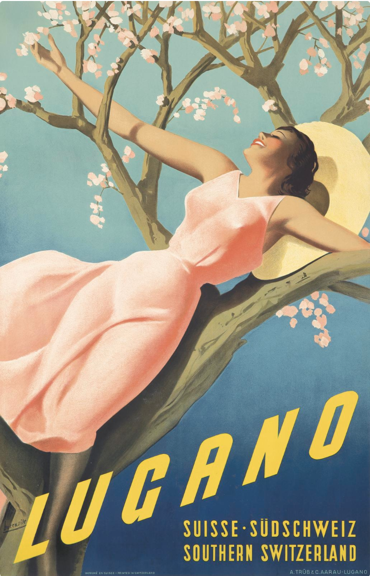 illustrational poster of a woman lounging against a tree branch with her arms wide open