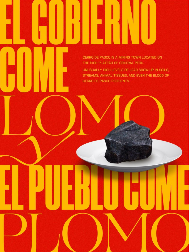 Illustrational poster of a rock on a plate against orange text and a red background.
