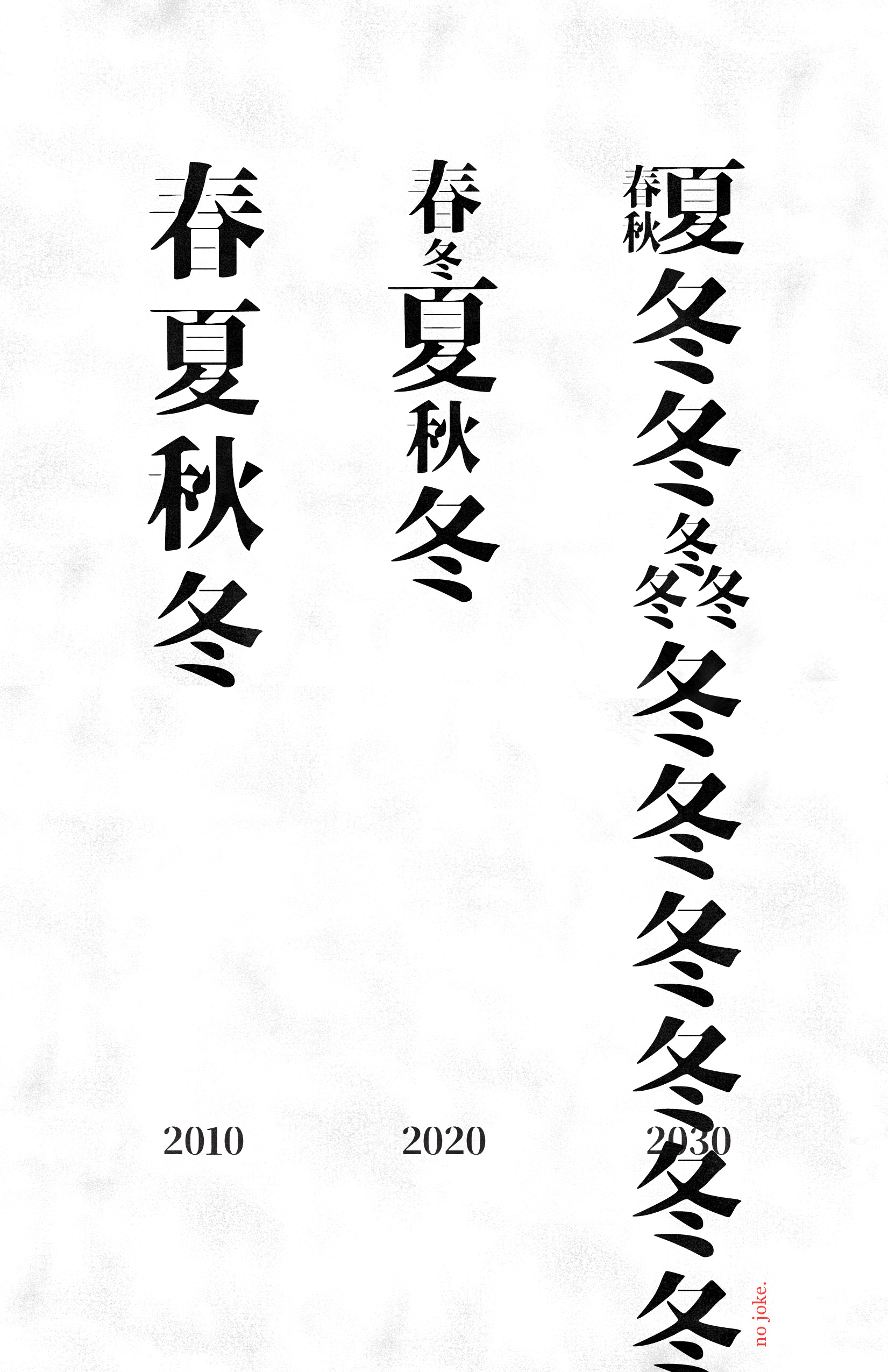 A type-based poster with three columns of black Chinese text on a white background. Each column is labeled 2010, 2020, or 2030.