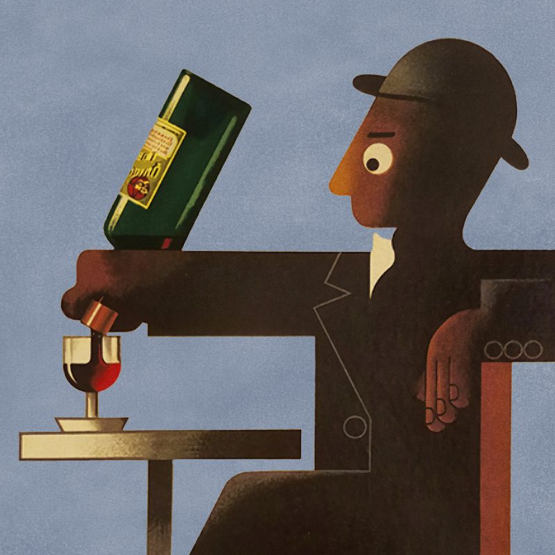 An illustrative poster of a figurine man pouring himself a glass of Dubonnet from the bottle.