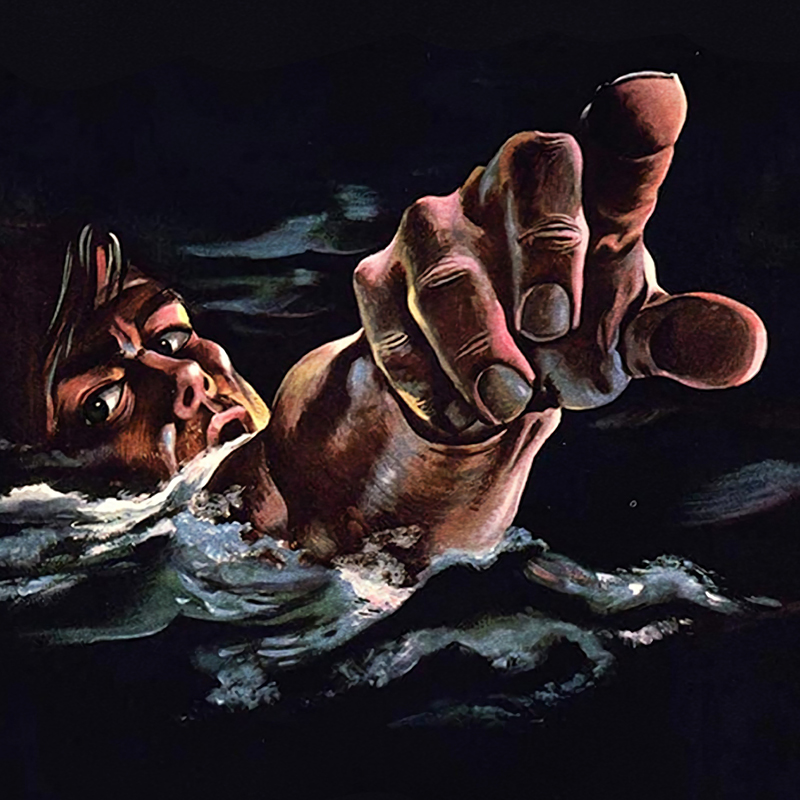 An illustrative poster of a person surfacing from water and pointing a finger at the viewer.