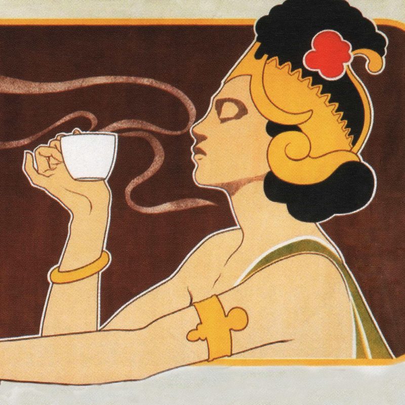 A poster of a black haired woman with gold jewelry sipping a cup of steaming coffee on a brown background.