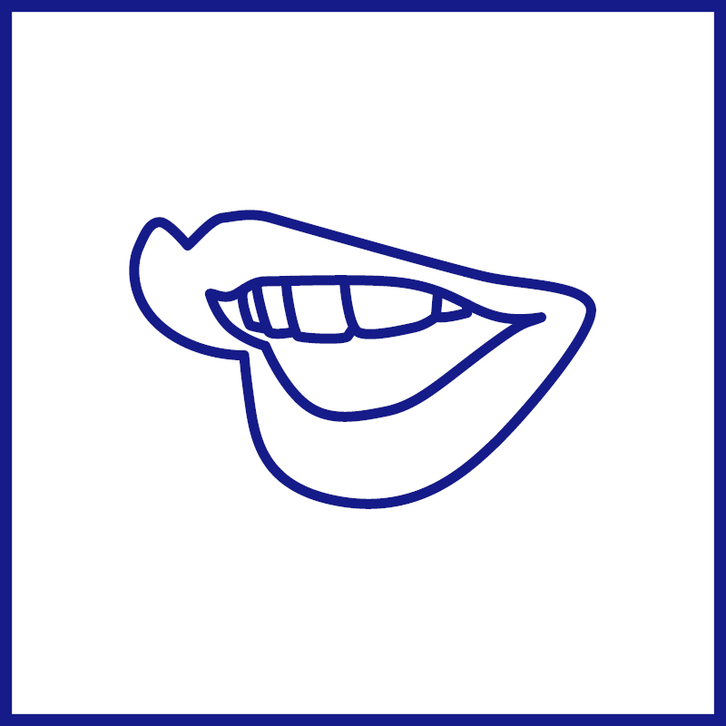 Side perspective of a blue outlined mouth in mid speech against a white background within a blue border.