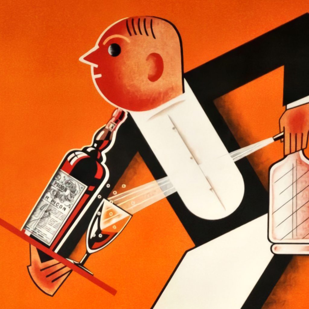 An art deco poster of a figure spraying soda water into a cocktail glass while holding Picon on a tray.