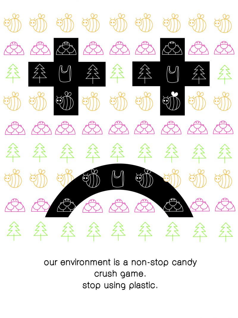 Illustrative poster filled with rows of colorful bees, lady bugs, and trees. Groups of symbols have been highlighted black, creating a frown face, and the text says,