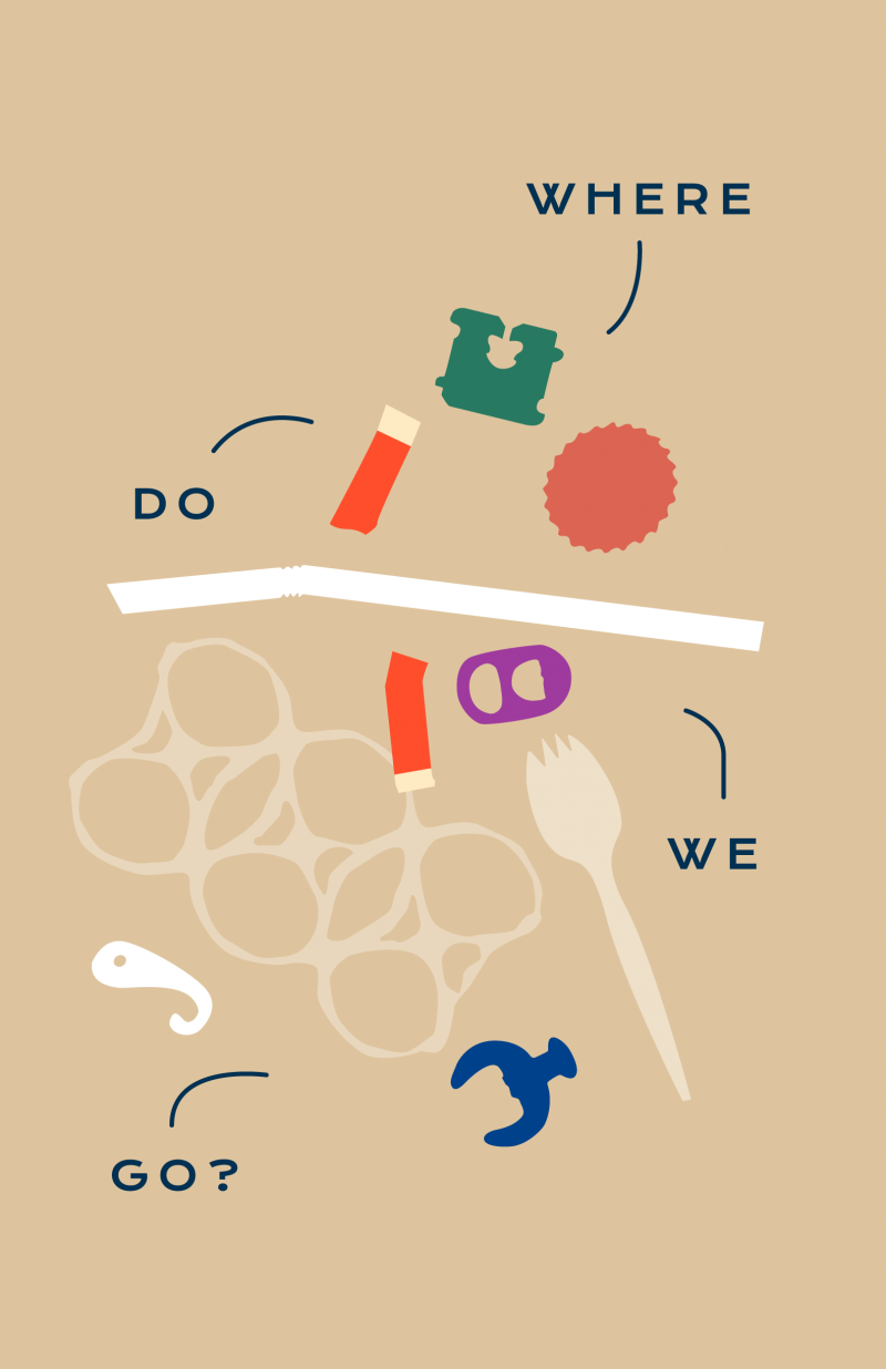 An illustrative poster of plastic utensils, bottle caps, and pieces in different colors. The plastic pieces are labeled,