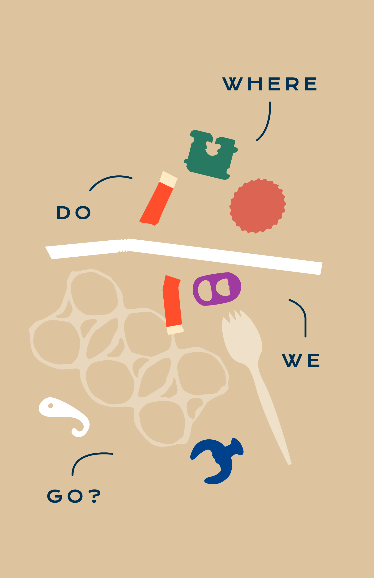 An illustrative poster of plastic utensils, bottle caps, and pieces in different colors. The plastic pieces are labeled, 
