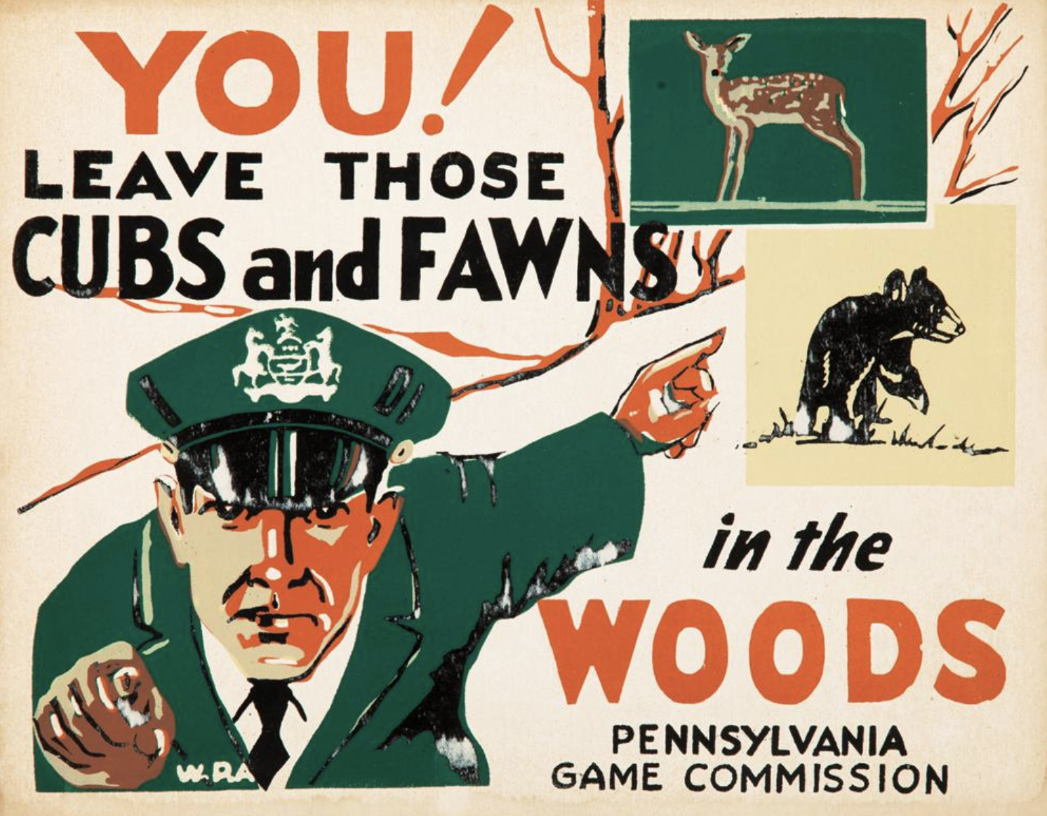 illustrational poster of an officer pointing at illustrations of cubs and fawns