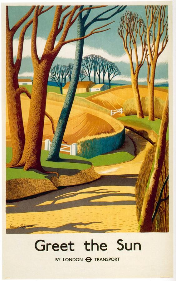 illustrational poster of a walk path through trees and hay