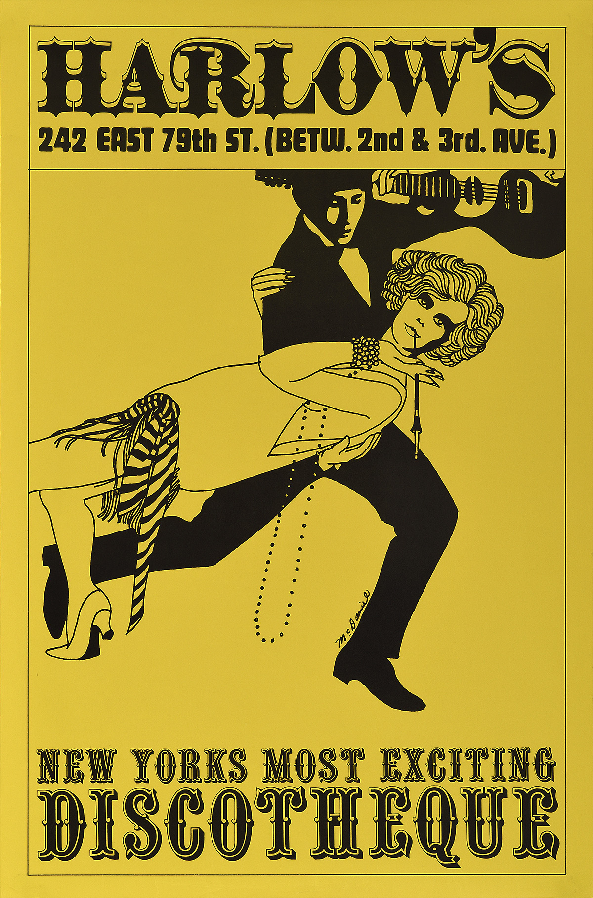 An illustrational poster of a woman smoking a long cigarette while in the middle of a deep dance dip.