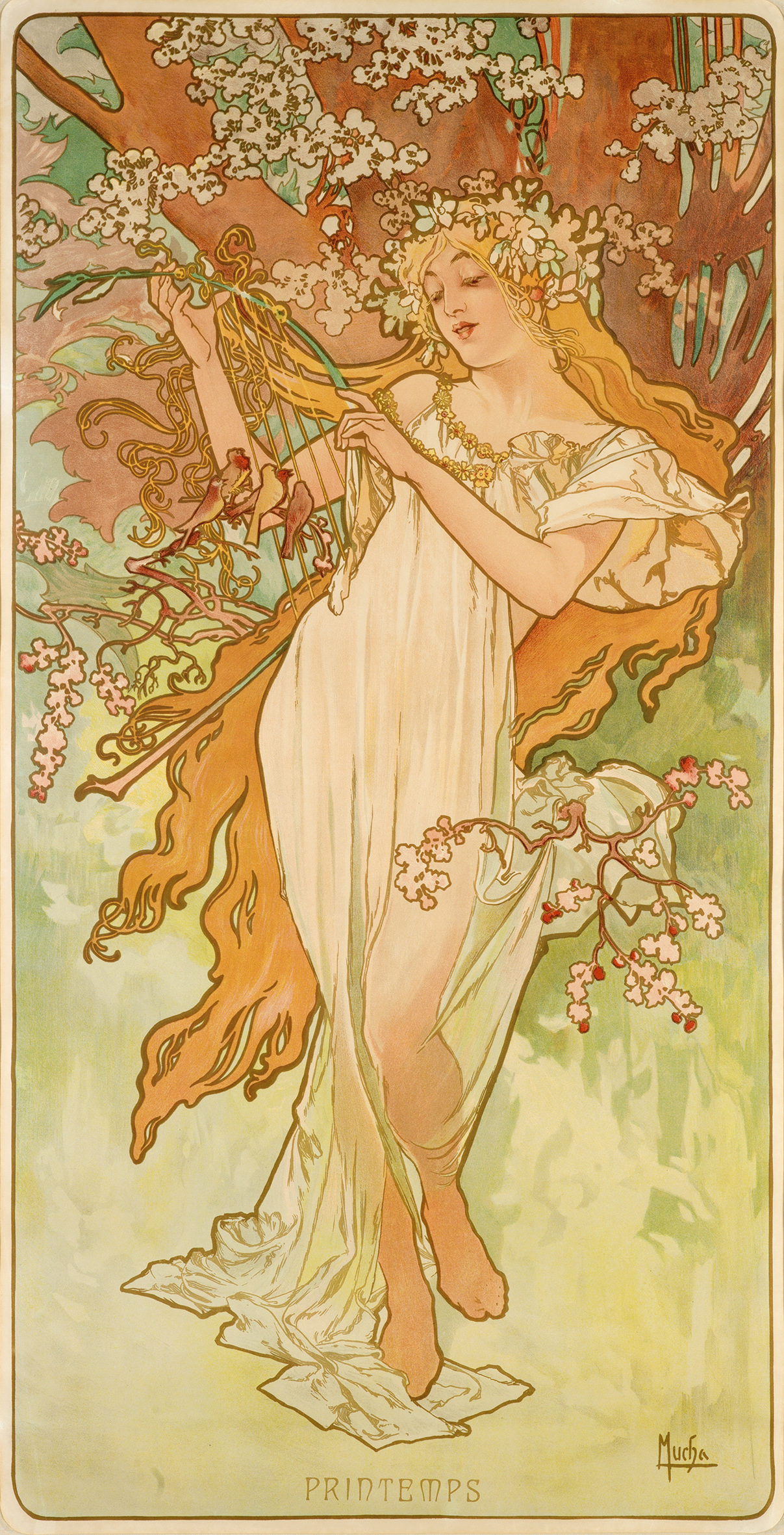 illustrational poster of a woman playing a harp and dancing amongst flowers