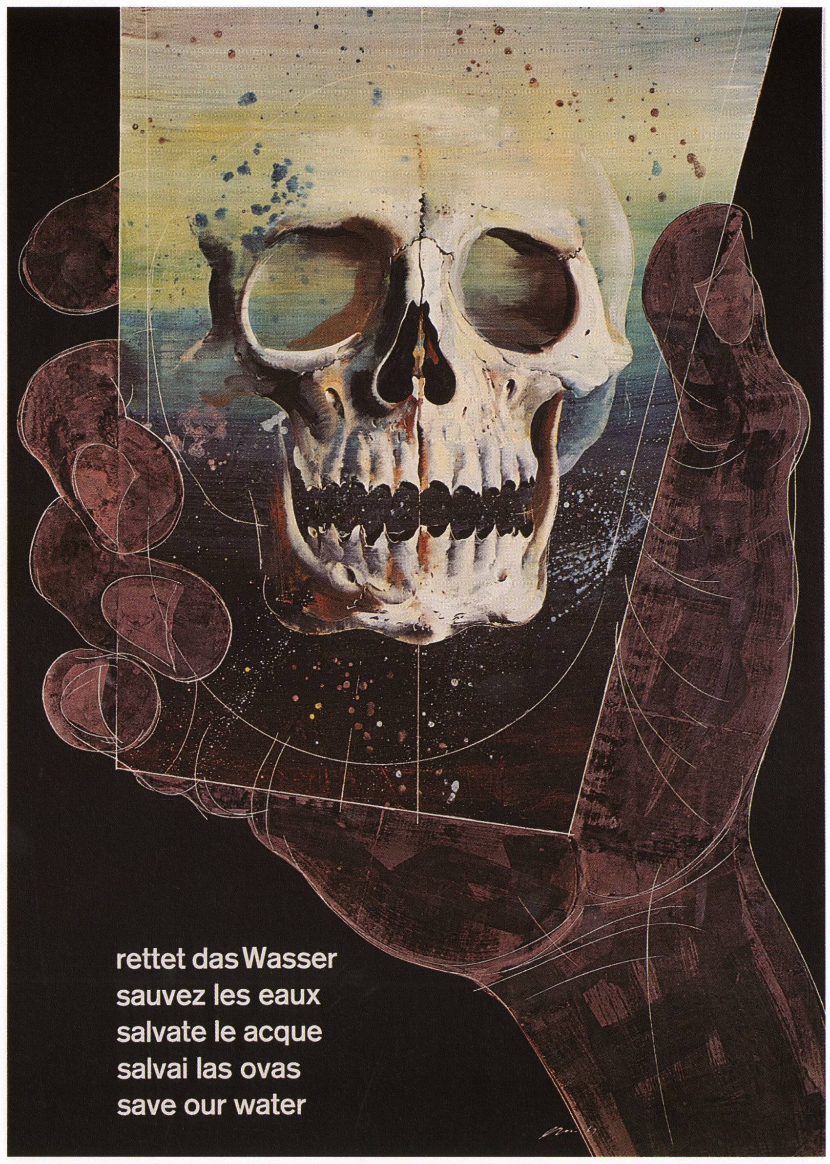 illustrational poster of a hand holding up the image of a skull